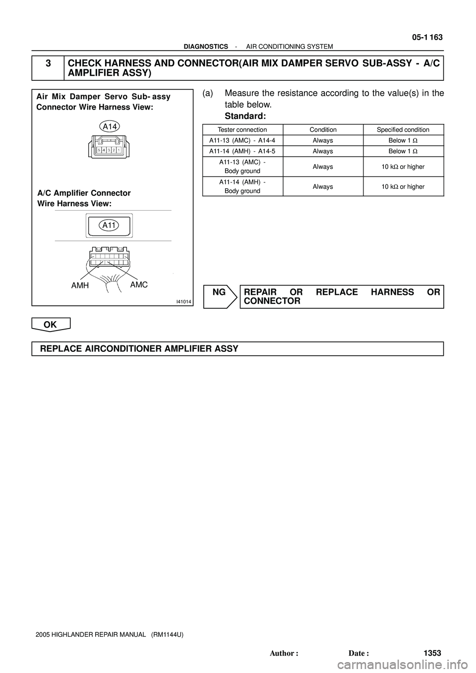 TOYOTA HIGHLANDER 2001  Service Repair Manual I41014
A14
A11
AMC
AMH A/C Amplifier Connector 
Wire Harness View:
Air Mix Damper Servo Sub- assy
Connector Wire Harness View:
- DIAGNOSTICSAIR CONDITIONING SYSTEM
05-1 163
1353 Author: Date:
2005 H