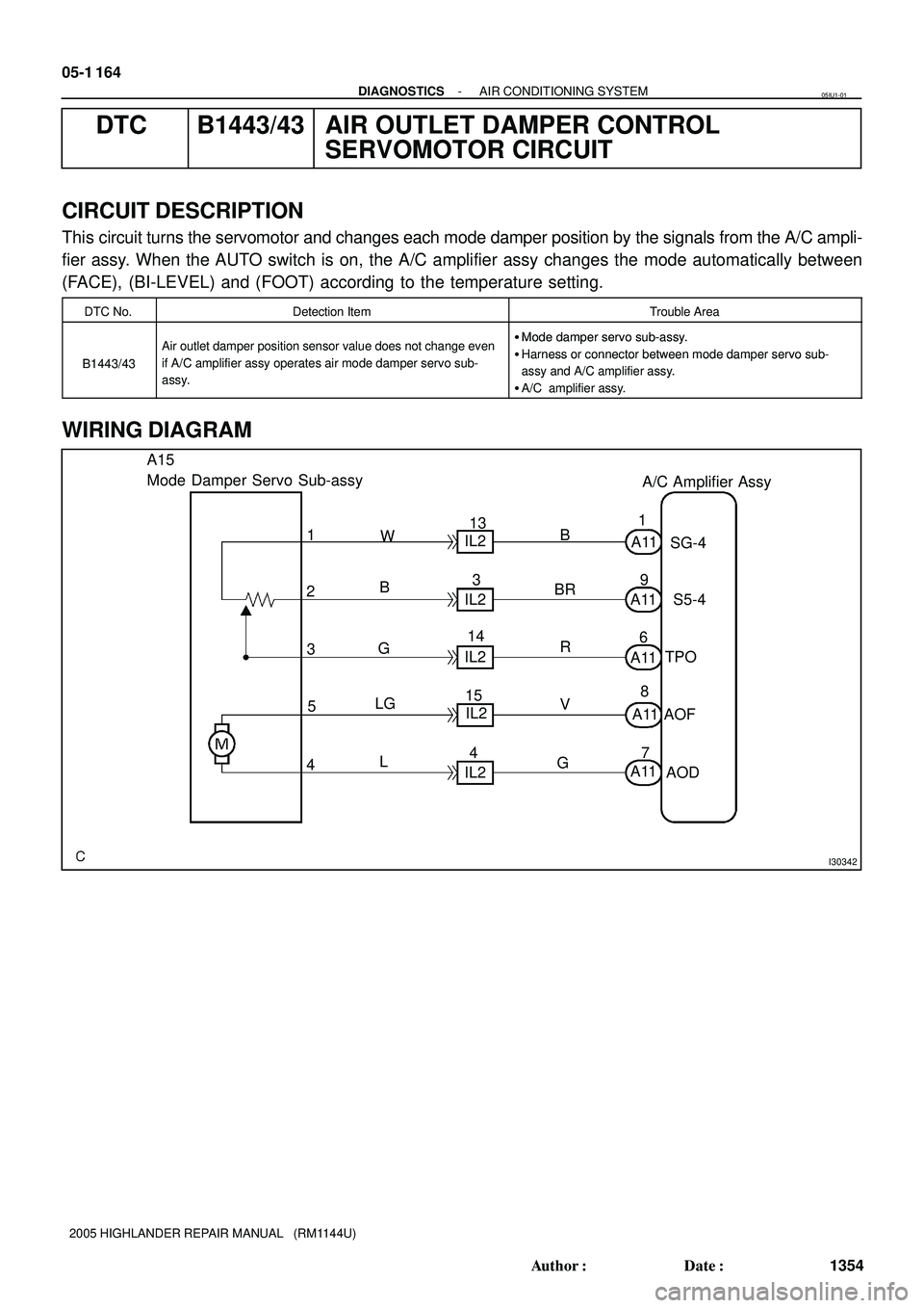 TOYOTA HIGHLANDER 2001  Service Repair Manual I30342
A15
Mode Damper Servo Sub-assy
A/C Amplifier Assy
IL2 1
S5-4 SG-4
TPO 6 1
3 29
BRA11 B
AOD 8 R
AOF
45A11
A11
A11
A117 V
G 13
3
14
15
4 IL2
IL2
IL2
IL2 W
B
G
LG
L 05-1 164
- DIAGNOSTICSAIR CONDI