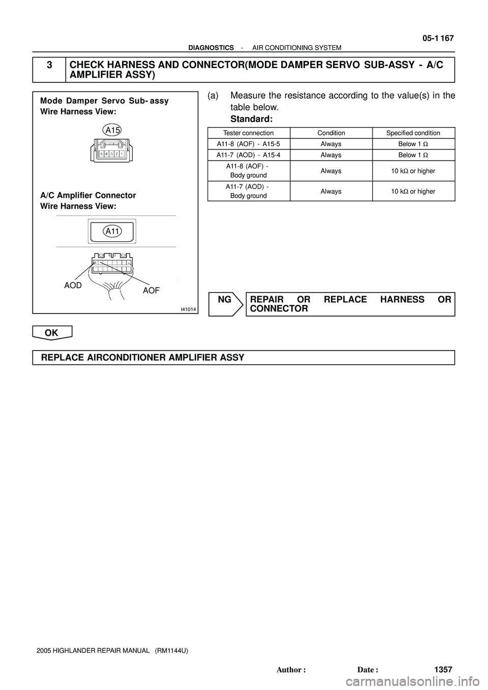 TOYOTA HIGHLANDER 2001  Service Repair Manual I41014
AOF AODA15
A11
A/C Amplifier Connector 
Wire Harness View:
Mode Damper Servo Sub- assy
Wire Harness View:
- DIAGNOSTICSAIR CONDITIONING SYSTEM
05-1 167
1357 Author: Date:
2005 HIGHLANDER REPA