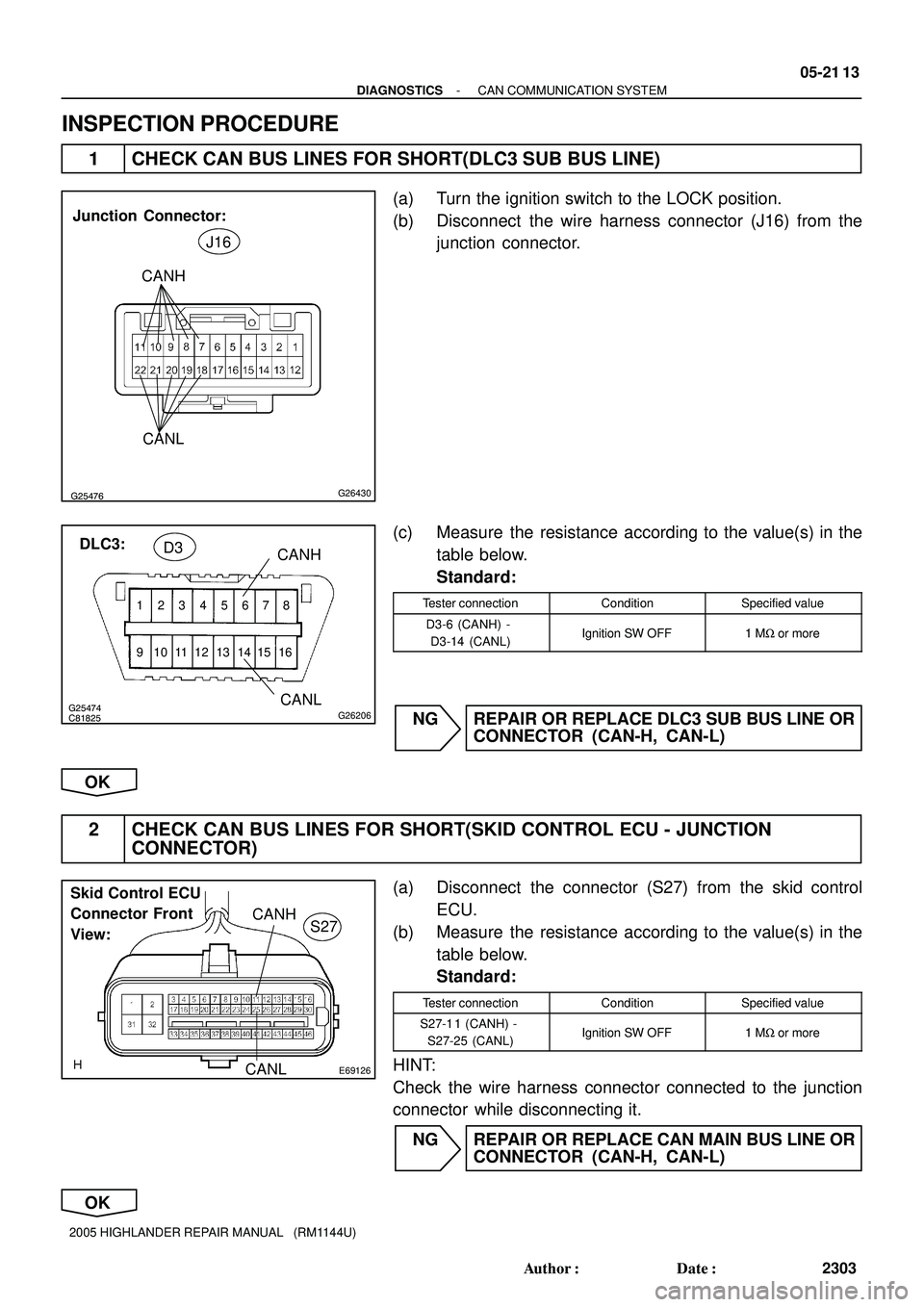 TOYOTA HIGHLANDER 2001  Service Repair Manual G25476G26430
Junction  Connector:
J16
CANH
CANL
C81825
12345678
9 10111213141516
G25474G26206
DLC3:
CANH
CANLD3
E69126
Skid Control ECU 
Connector Front 
View:CANH
CANL
S27
- DIAGNOSTICSCAN COMMUNICAT