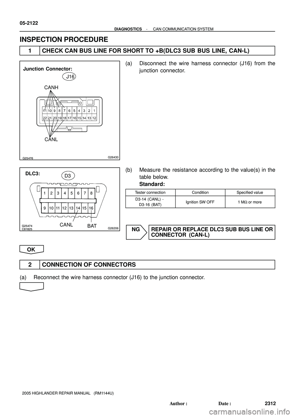 TOYOTA HIGHLANDER 2001  Service Repair Manual G25476G26430
Junction  Connector:
J16
CANH
CANL
C81825
12345678
9 10111213141516
G25474G26206
DLC3:
CANL
BATD3
05-2122
- DIAGNOSTICSCAN COMMUNICATION SYSTEM
2312 Author: Date:
2005 HIGHLANDER REPAIR