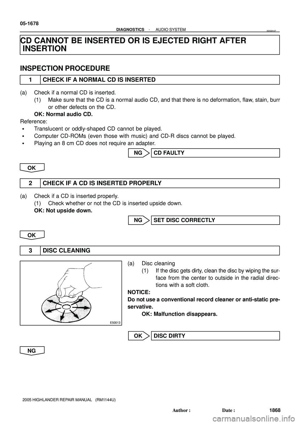 TOYOTA HIGHLANDER 2001  Service Repair Manual E50013
05-1678
- DIAGNOSTICSAUDIO SYSTEM
1868 Author: Date:
2005 HIGHLANDER REPAIR MANUAL   (RM1144U)
CD CANNOT BE INSERTED OR IS EJECTED RIGHT AFTER
INSERTION
INSPECTION PROCEDURE
1 CHECK IF A NORM