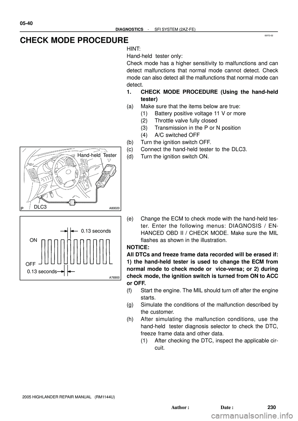 TOYOTA HIGHLANDER 2001  Service Repair Manual 05ITD-02
A80020
Hand-held Tester
DLC3
A76900
ON
OFF
0.13 seconds0.13 seconds 05-40
- DIAGNOSTICSSFI SYSTEM (2AZ-FE)
230 Author: Date:
2005 HIGHLANDER REPAIR MANUAL   (RM1144U)
CHECK MODE PROCEDURE
H