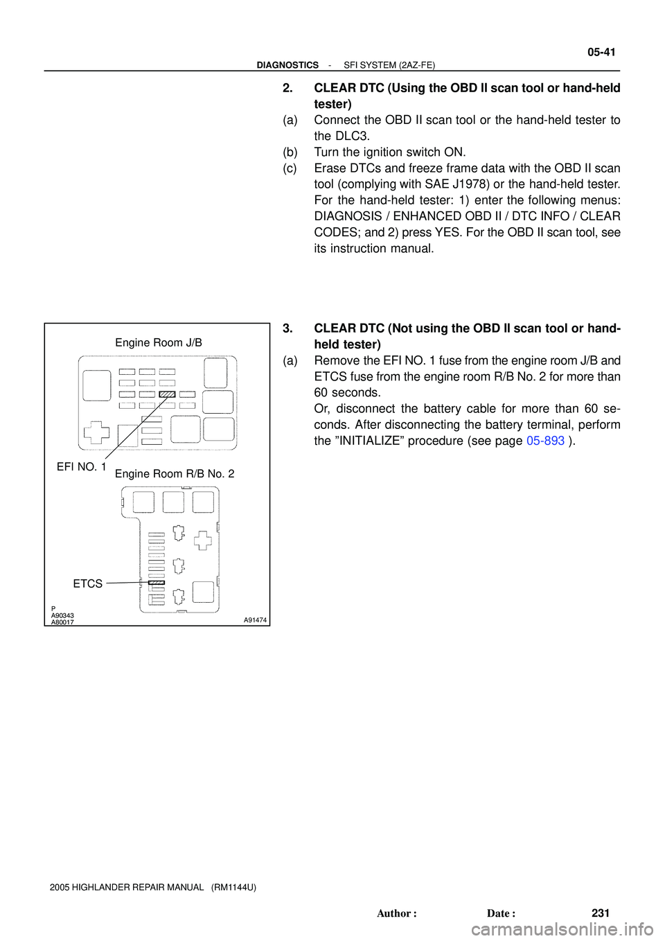 TOYOTA HIGHLANDER 2001  Service Repair Manual P
A90343
A80017
A91474
Engine Room J/B
ETCS EFI NO. 1
Engine Room R/B No. 2
- DIAGNOSTICSSFI SYSTEM (2AZ-FE)
05-41
231 Author: Date:
2005 HIGHLANDER REPAIR MANUAL   (RM1144U)
2. CLEAR DTC (Using the