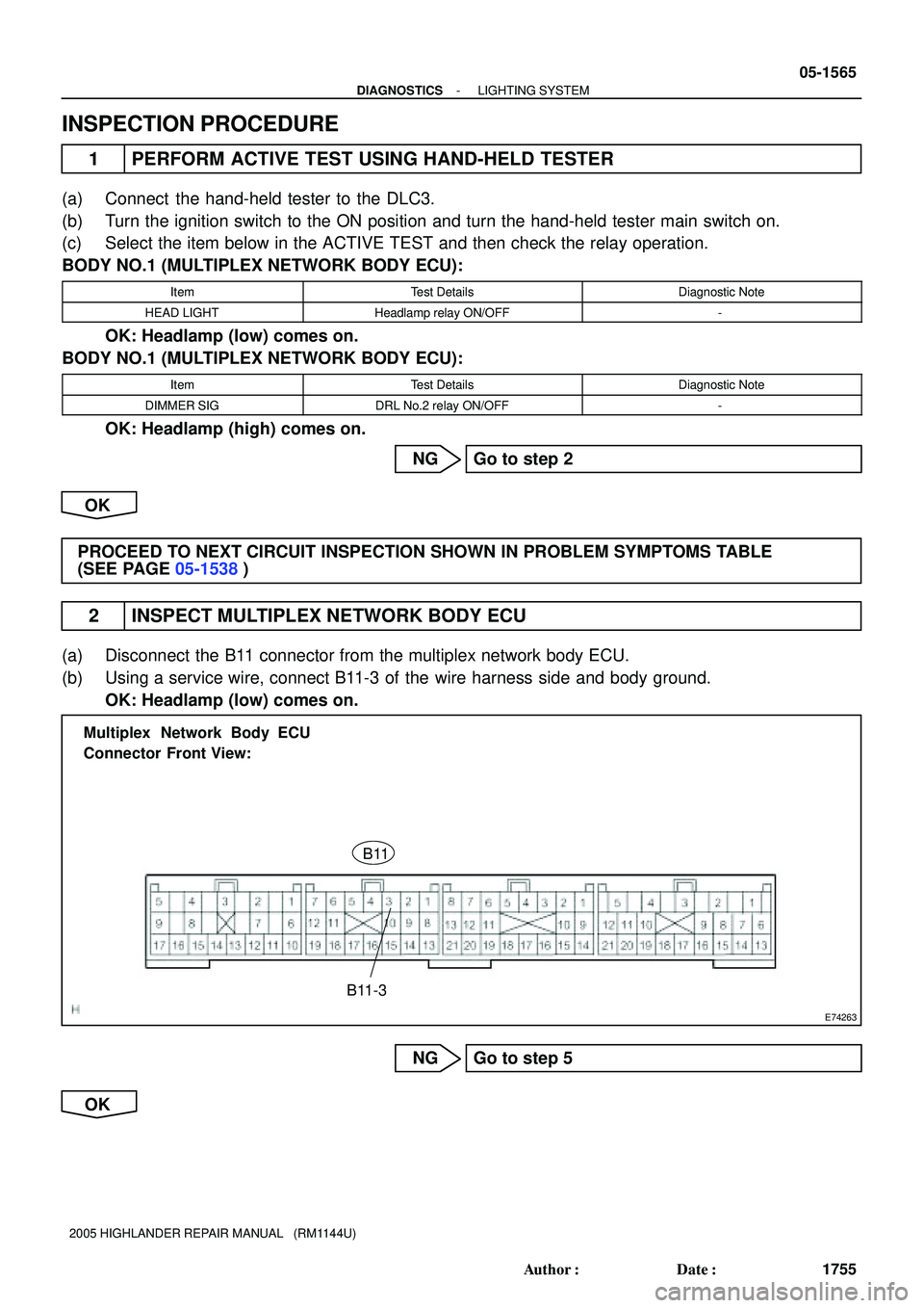 TOYOTA HIGHLANDER 2001  Service Repair Manual E74263
B11
B11-3 Multiplex  Network Body ECU
Connector Front View:
- DIAGNOSTICSLIGHTING SYSTEM
05-1565
1755 Author: Date:
2005 HIGHLANDER REPAIR MANUAL   (RM1144U)
INSPECTION PROCEDURE
1 PERFORM AC