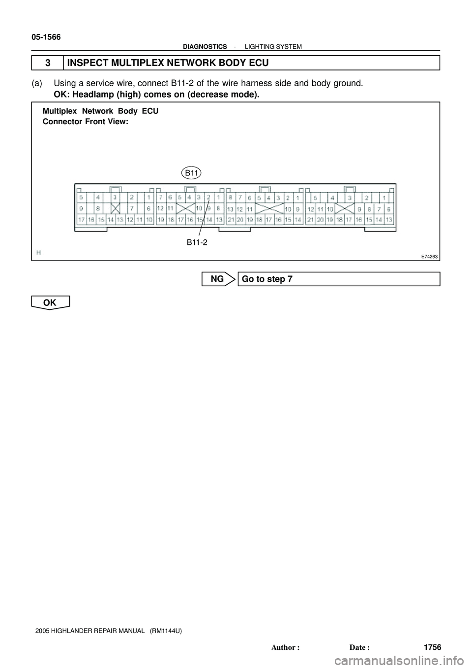 TOYOTA HIGHLANDER 2001  Service Repair Manual E74263
B11
B11-2 Multiplex  Network Body ECU
Connector Front View:
05-1566
- DIAGNOSTICSLIGHTING SYSTEM
1756 Author: Date:
2005 HIGHLANDER REPAIR MANUAL   (RM1144U)
3 INSPECT MULTIPLEX NETWORK BODY 