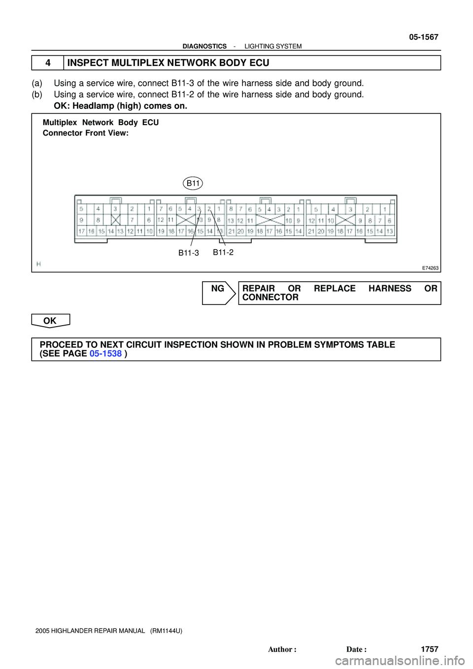 TOYOTA HIGHLANDER 2001  Service Repair Manual E74263
B11-2 Multiplex  Network Body ECU
Connector Front View:
B11
B11-3
- DIAGNOSTICSLIGHTING SYSTEM
05-1567
1757 Author: Date:
2005 HIGHLANDER REPAIR MANUAL   (RM1144U)
4 INSPECT MULTIPLEX NETWORK
