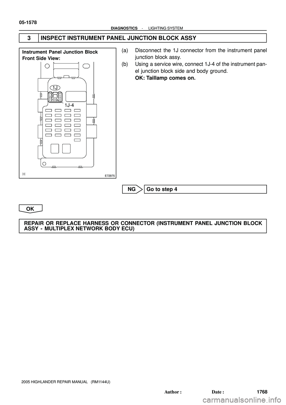 TOYOTA HIGHLANDER 2001  Service Repair Manual E72975
Instrument Panel Junction Block
Front Side View:
1J
1J-4
05-1578
- DIAGNOSTICSLIGHTING SYSTEM
1768 Author: Date:
2005 HIGHLANDER REPAIR MANUAL   (RM1144U)
3 INSPECT INSTRUMENT PANEL JUNCTION 