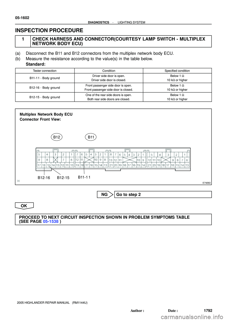TOYOTA HIGHLANDER 2001  Service Repair Manual E74263
Multiplex  Network Body ECU
Connector Front View:
B12 B11
B12-16 B12-15B11-1 1
05-1602
- DIAGNOSTICSLIGHTING SYSTEM
1792 Author: Date:
2005 HIGHLANDER REPAIR MANUAL   (RM1144U)
INSPECTION PRO