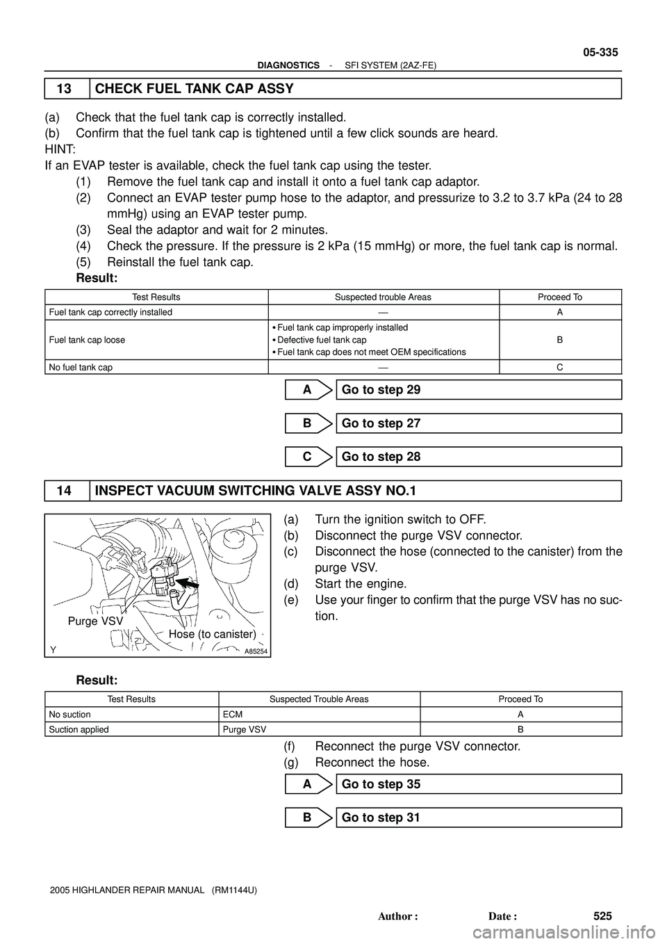 TOYOTA HIGHLANDER 2001  Service Repair Manual A85254
Purge VSV
Hose (to canister)
- DIAGNOSTICSSFI SYSTEM (2AZ-FE)
05-335
525 Author: Date:
2005 HIGHLANDER REPAIR MANUAL   (RM1144U)
13 CHECK FUEL TANK CAP ASSY
(a) Check that the fuel tank cap i