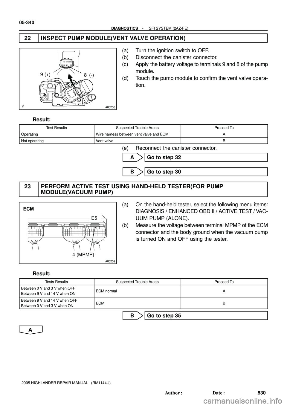 TOYOTA HIGHLANDER 2001  Service Repair Manual A85253
8 (-) 9 (+)
A85259
ECM
E5
4 (MPMP)
05-340
- DIAGNOSTICSSFI SYSTEM (2AZ-FE)
530 Author: Date:
2005 HIGHLANDER REPAIR MANUAL   (RM1144U)
22 INSPECT PUMP MODULE(VENT VALVE OPERATION)
(a) Turn th