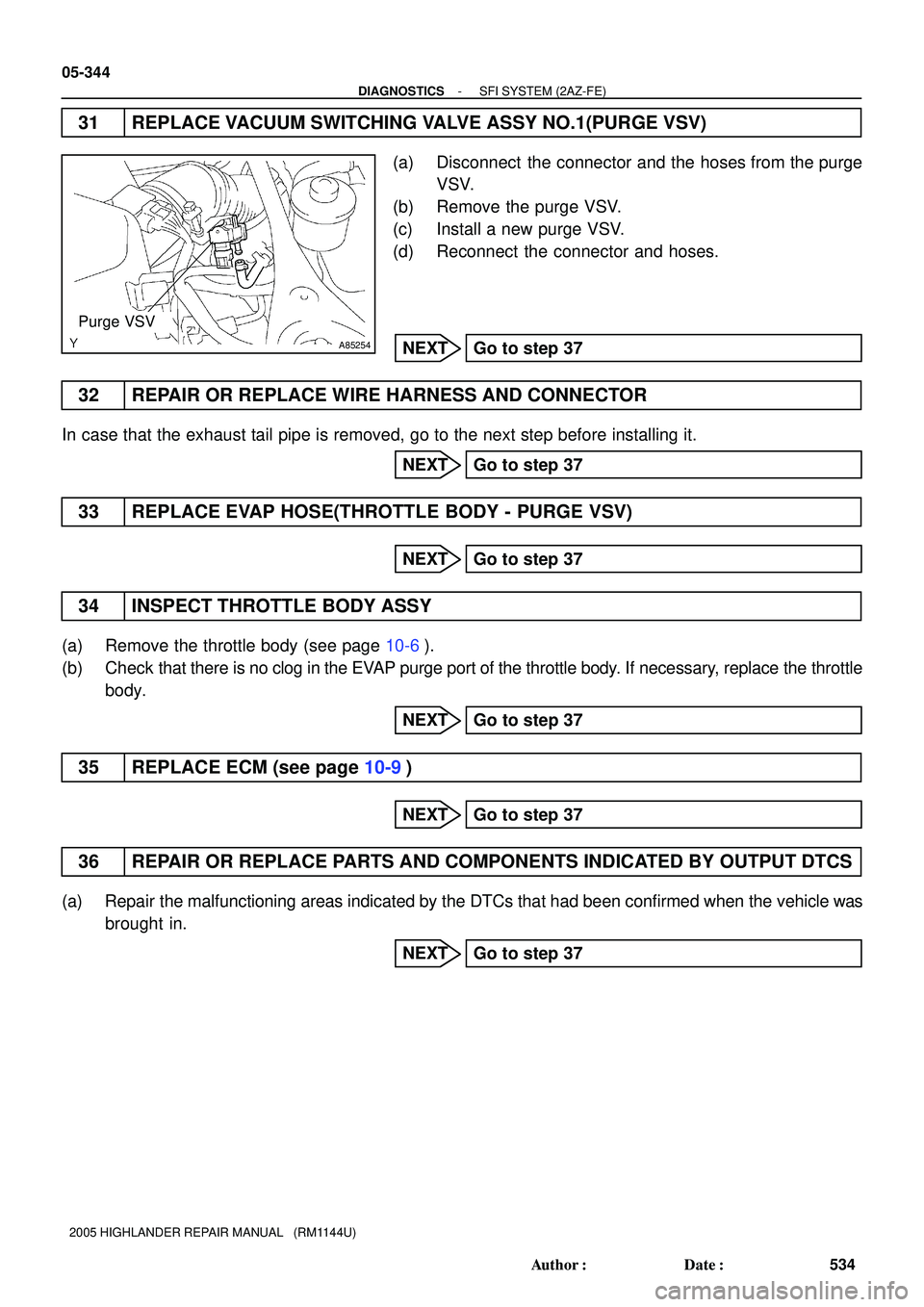 TOYOTA HIGHLANDER 2001  Service Repair Manual A85254
Purge VSV
05-344
- DIAGNOSTICSSFI SYSTEM (2AZ-FE)
534 Author: Date:
2005 HIGHLANDER REPAIR MANUAL   (RM1144U)
31 REPLACE VACUUM SWITCHING VALVE ASSY NO.1(PURGE VSV)
(a) Disconnect  the connec