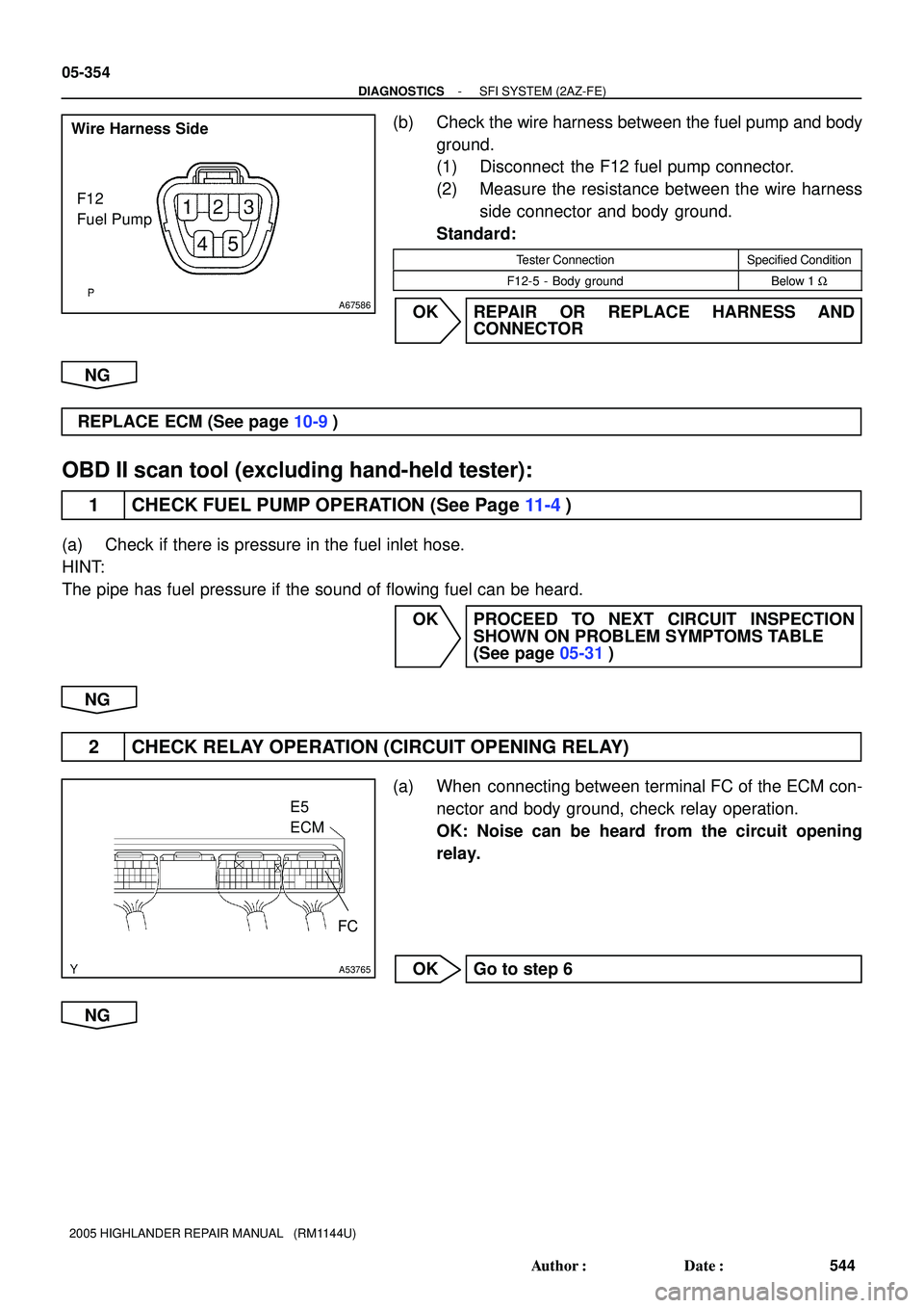TOYOTA HIGHLANDER 2001  Service Repair Manual A67586
F12
Fuel Pump Wire Harness Side
A53765
E5
ECM
FC
05-354
- DIAGNOSTICSSFI SYSTEM (2AZ-FE)
544 Author: Date:
2005 HIGHLANDER REPAIR MANUAL   (RM1144U)
(b) Check the wire harness between the fue