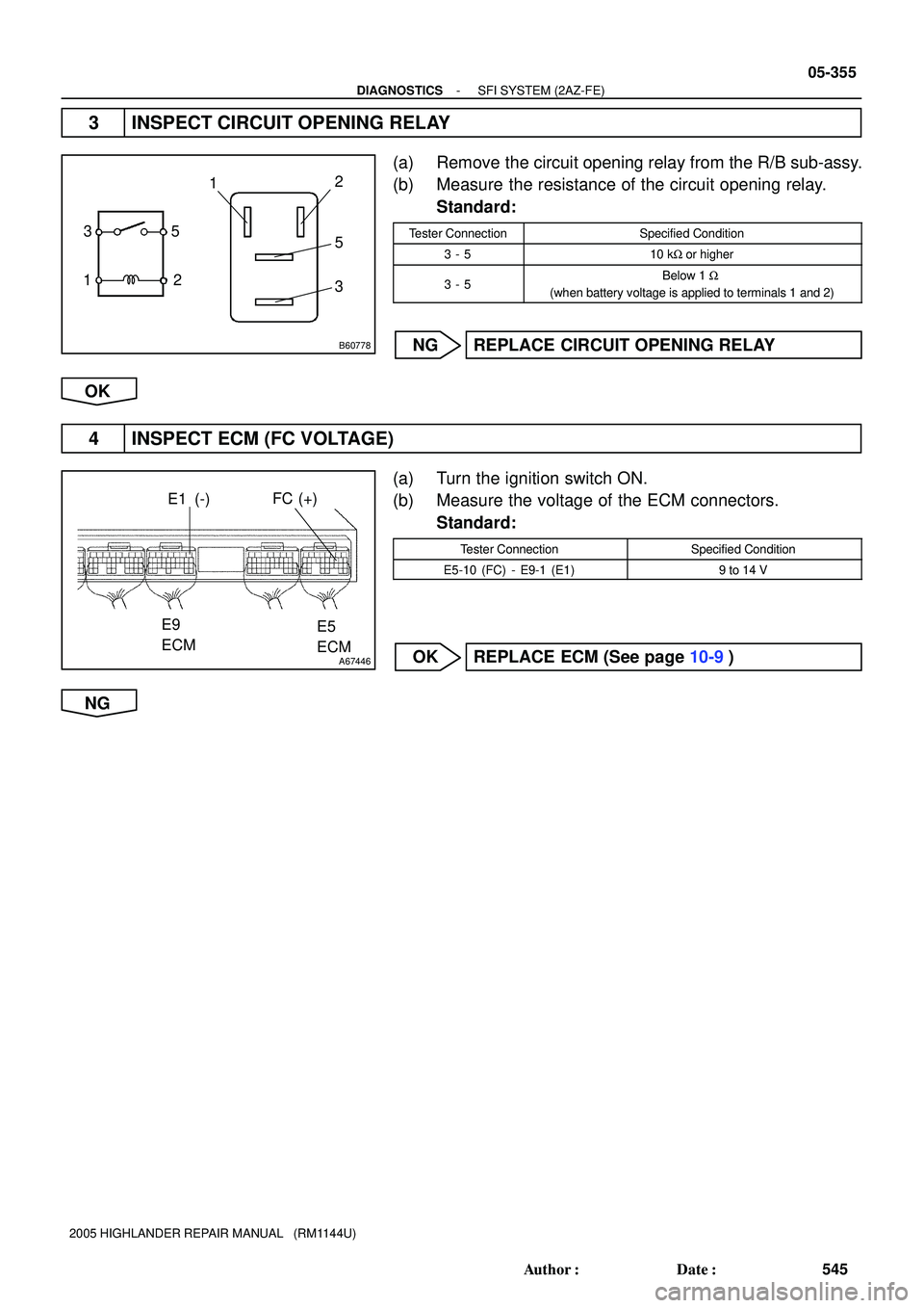 TOYOTA HIGHLANDER 2001  Service Repair Manual B60778
5
12312
5
3
A67446
FC (+)E1 (-)
E9
ECME5
ECM
- DIAGNOSTICSSFI SYSTEM (2AZ-FE)
05-355
545 Author: Date:
2005 HIGHLANDER REPAIR MANUAL   (RM1144U)
3 INSPECT CIRCUIT OPENING RELAY
(a) Remove the