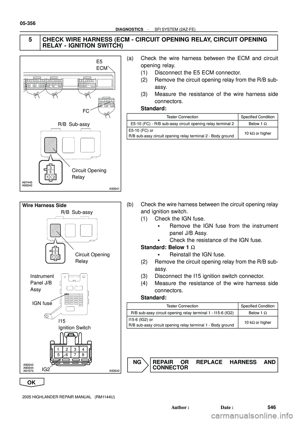 TOYOTA HIGHLANDER 2001  Service Repair Manual A67445
A90342
A92641
E5
ECM
FC
R/B Sub-assy
Circuit Opening 
Relay
1234
5678
A90342
A90344
A61075
A92642
Wire Harness Side
Instrument 
Panel J/B 
Assy
IGN fuse
I15
Ignition Switch
IG2R/B Sub-assy
Circ