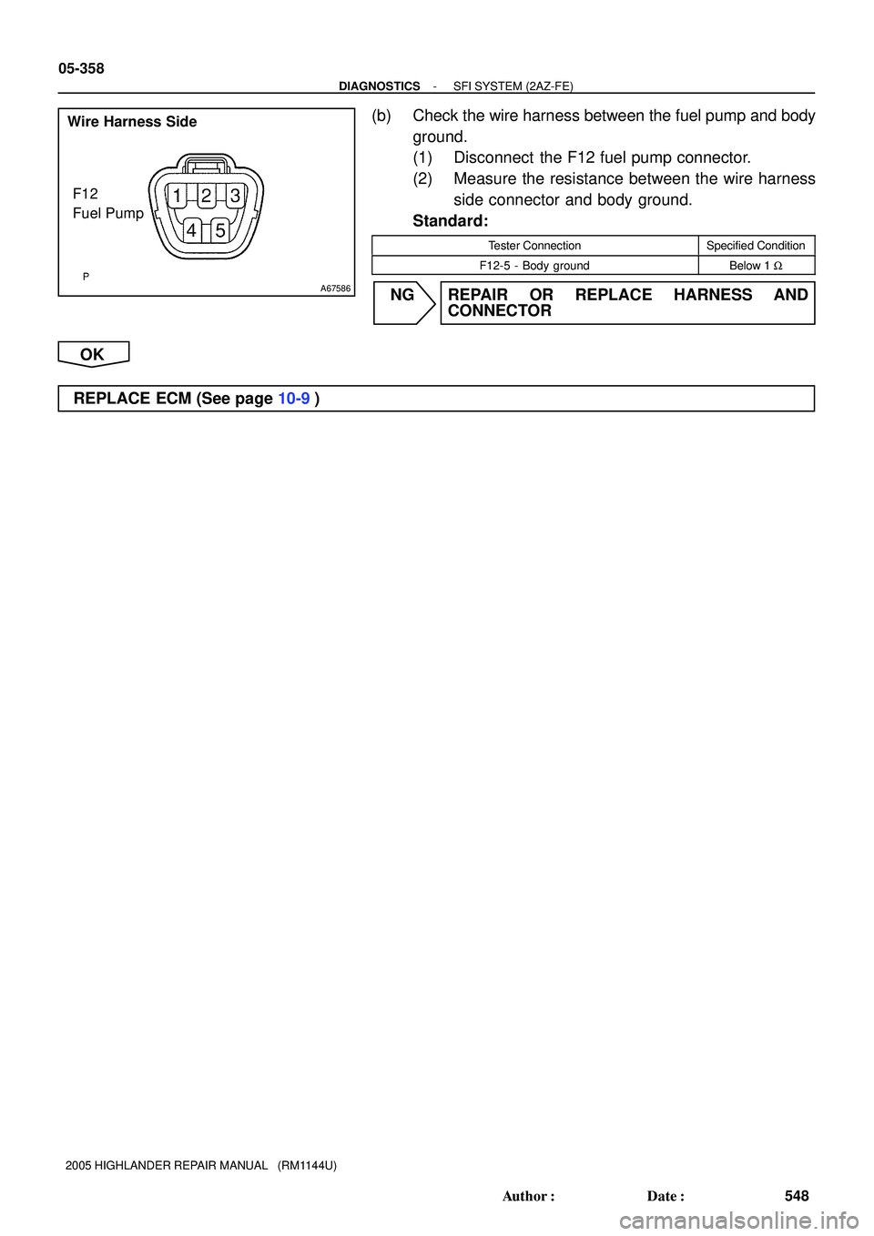 TOYOTA HIGHLANDER 2001  Service Repair Manual A67586
F12
Fuel Pump Wire Harness Side
05-358
- DIAGNOSTICSSFI SYSTEM (2AZ-FE)
548 Author: Date:
2005 HIGHLANDER REPAIR MANUAL   (RM1144U)
(b) Check the wire harness between the fuel pump and body
g
