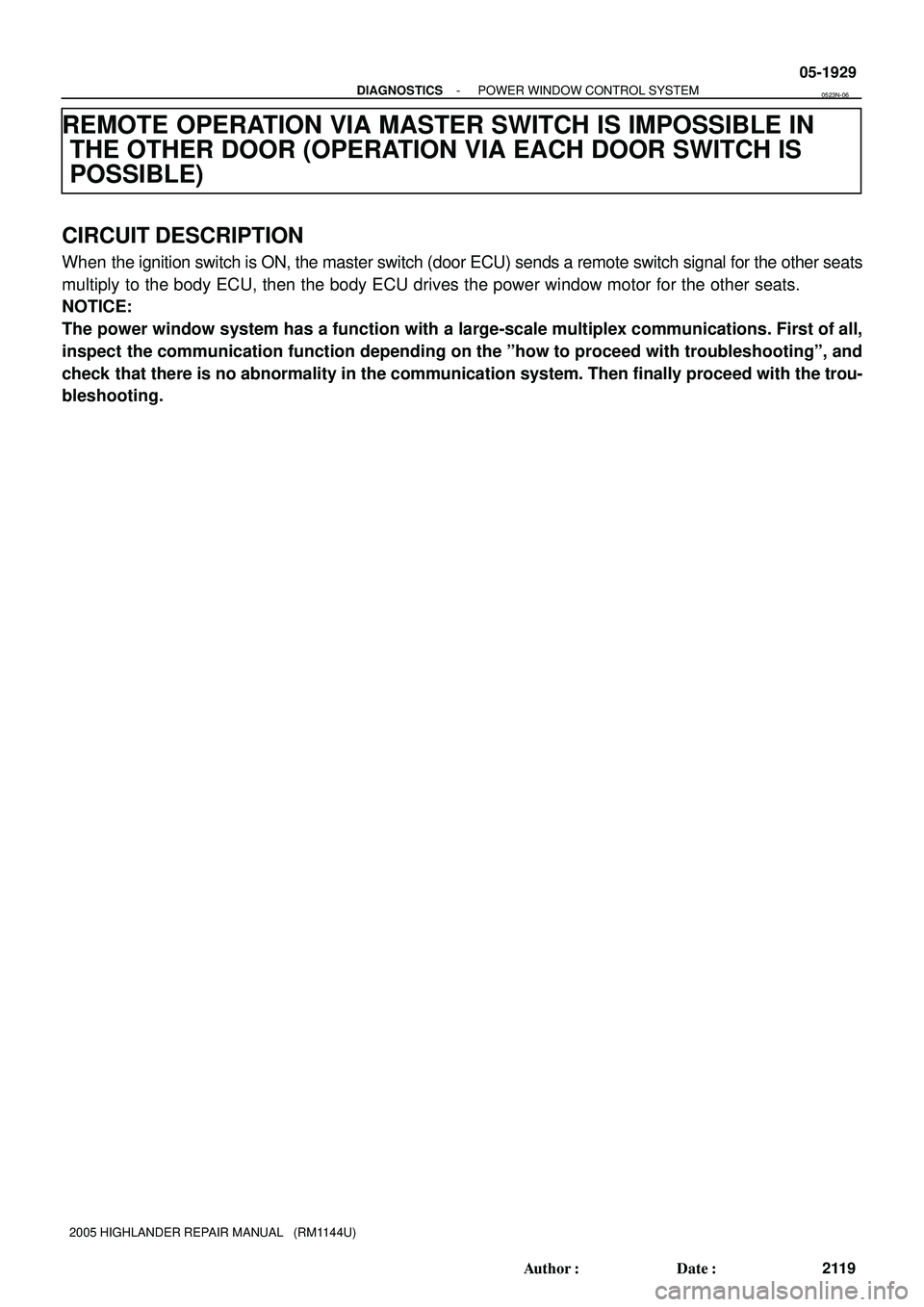 TOYOTA HIGHLANDER 2001  Service Repair Manual - DIAGNOSTICSPOWER WINDOW CONTROL SYSTEM
05-1929
2119 Author: Date:
2005 HIGHLANDER REPAIR MANUAL   (RM1144U)
REMOTE OPERATION VIA MASTER SWITCH IS IMPOSSIBLE IN
THE OTHER DOOR (OPERATION VIA EACH D