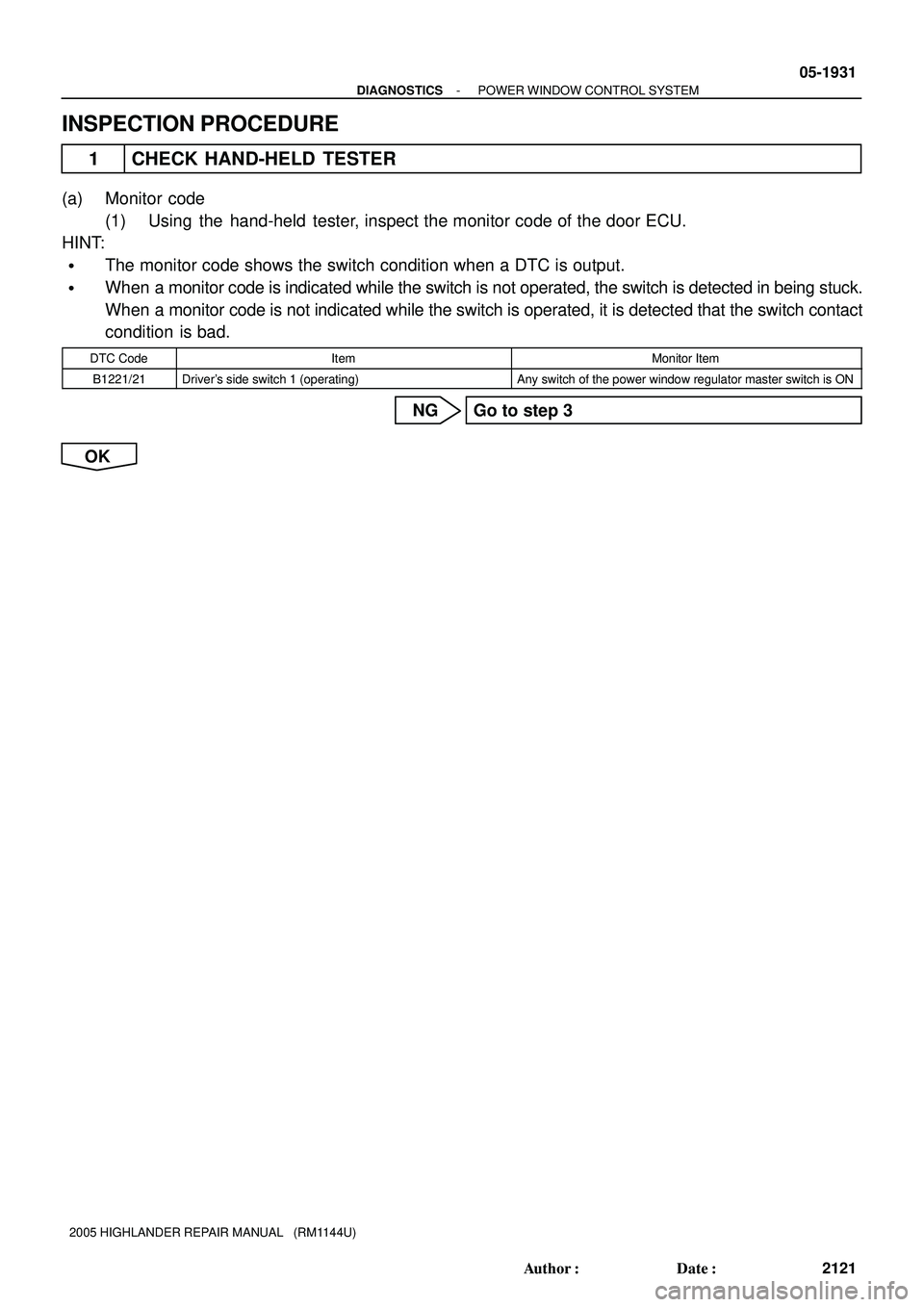 TOYOTA HIGHLANDER 2001  Service Repair Manual - DIAGNOSTICSPOWER WINDOW CONTROL SYSTEM
05-1931
2121 Author: Date:
2005 HIGHLANDER REPAIR MANUAL   (RM1144U)
INSPECTION PROCEDURE
1 CHECK HAND-HELD TESTER
(a) Monitor code
(1) Using  the  hand-held