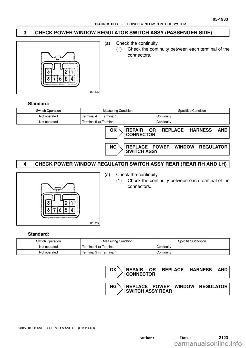TOYOTA HIGHLANDER 2001  Service Repair Manual B31305
B31305
- DIAGNOSTICSPOWER WINDOW CONTROL SYSTEM
05-1933
2123 Author: Date:
2005 HIGHLANDER REPAIR MANUAL   (RM1144U)
3 CHECK POWER WINDOW REGULATOR SWITCH ASSY (PASSENGER SIDE)
(a) Check the 