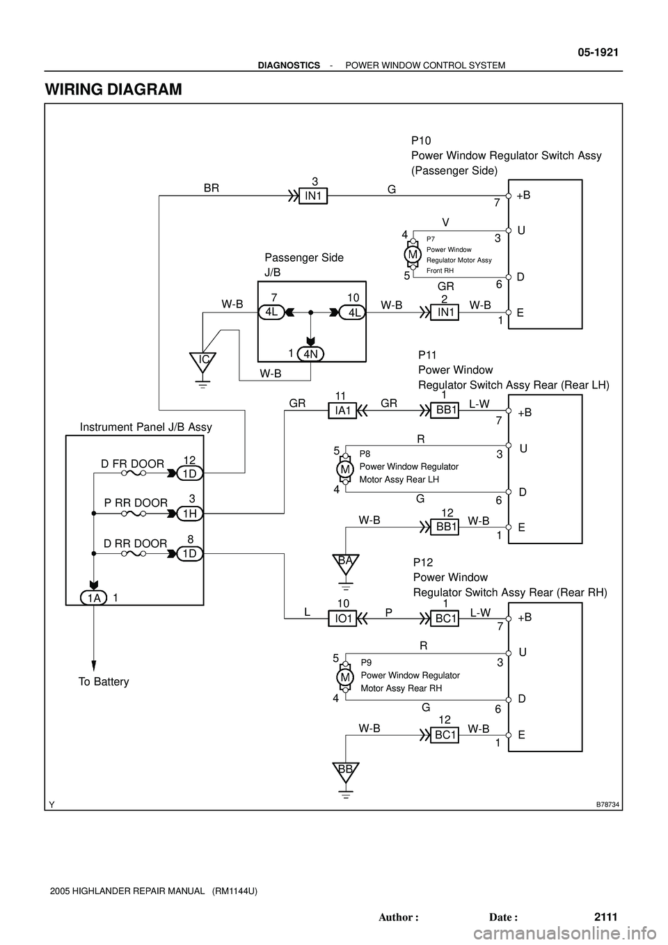TOYOTA HIGHLANDER 2001  Service Repair Manual B78734
P10
Power Window Regulator Switch Assy 
(Passenger Side)
P11 
Power Window 
Regulator Switch Assy Rear (Rear LH)+B
U
D
E 4
5V7
3
6
1 G
Passenger Side 
J/B3
IN1 BR
7
4L10
4L W-B
W-B W-B
IN12
IC
