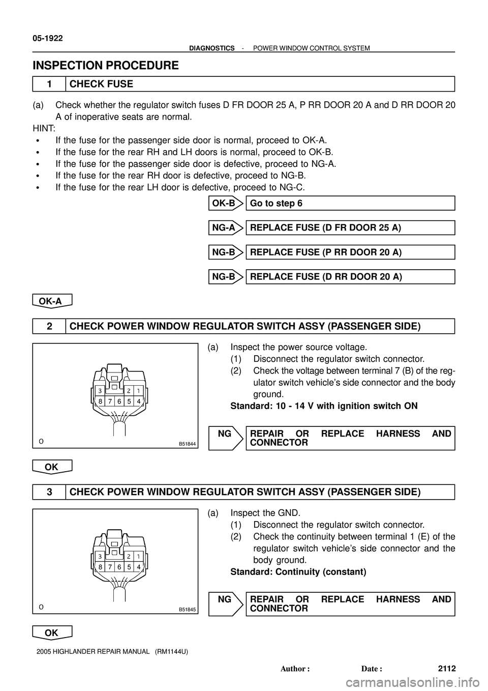 TOYOTA HIGHLANDER 2001  Service Repair Manual 4 5 6 7 8
B51844
4 5 6 7 8
B51845
05-1922
- DIAGNOSTICSPOWER WINDOW CONTROL SYSTEM
2112 Author: Date:
2005 HIGHLANDER REPAIR MANUAL   (RM1144U)
INSPECTION PROCEDURE
1 CHECK FUSE
(a) Check whether th