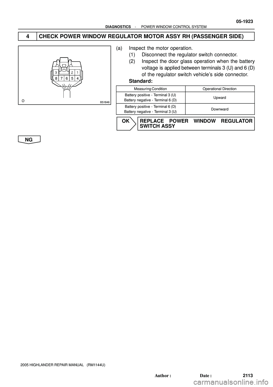 TOYOTA HIGHLANDER 2001  Service Repair Manual 4 5 6 7 8
B51846
- DIAGNOSTICSPOWER WINDOW CONTROL SYSTEM
05-1923
2113 Author: Date:
2005 HIGHLANDER REPAIR MANUAL   (RM1144U)
4 CHECK POWER WINDOW REGULATOR MOTOR ASSY RH (PASSENGER SIDE)
(a) Inspe