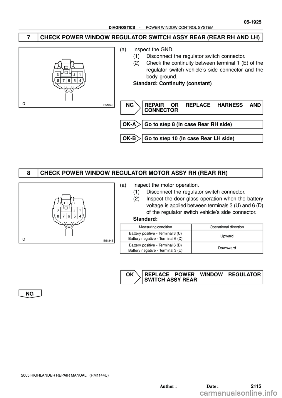 TOYOTA HIGHLANDER 2001  Service Repair Manual 4 5 6 7 8
B51845
4 5 6 7 8
B51846
- DIAGNOSTICSPOWER WINDOW CONTROL SYSTEM
05-1925
2115 Author: Date:
2005 HIGHLANDER REPAIR MANUAL   (RM1144U)
7 CHECK POWER WINDOW REGULATOR SWITCH ASSY REAR (REAR 