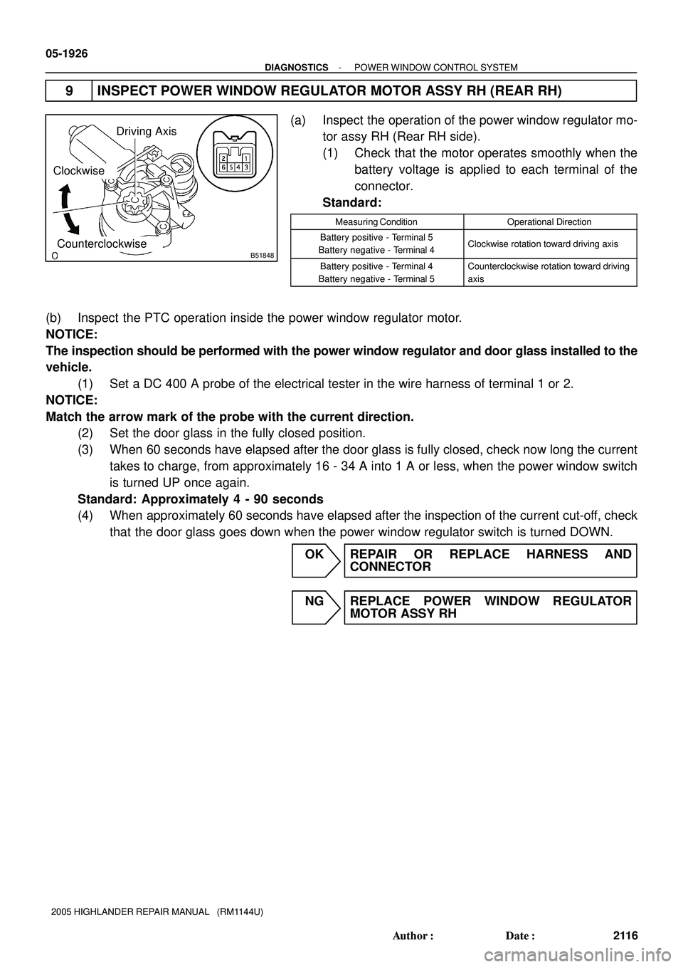 TOYOTA HIGHLANDER 2001  Service Repair Manual B51848
Driving Axis
Clockwise
Counterclockwise
05-1926
- DIAGNOSTICSPOWER WINDOW CONTROL SYSTEM
2116 Author: Date:
2005 HIGHLANDER REPAIR MANUAL   (RM1144U)
9 INSPECT POWER WINDOW REGULATOR MOTOR AS