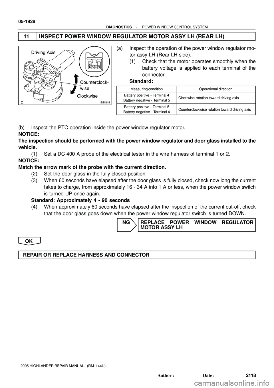 TOYOTA HIGHLANDER 2001  Service Repair Manual B51849
Driving Axis
ClockwiseCounterclock-
wise
05-1928
- DIAGNOSTICSPOWER WINDOW CONTROL SYSTEM
2118 Author: Date:
2005 HIGHLANDER REPAIR MANUAL   (RM1144U)
11 INSPECT POWER WINDOW REGULATOR MOTOR 