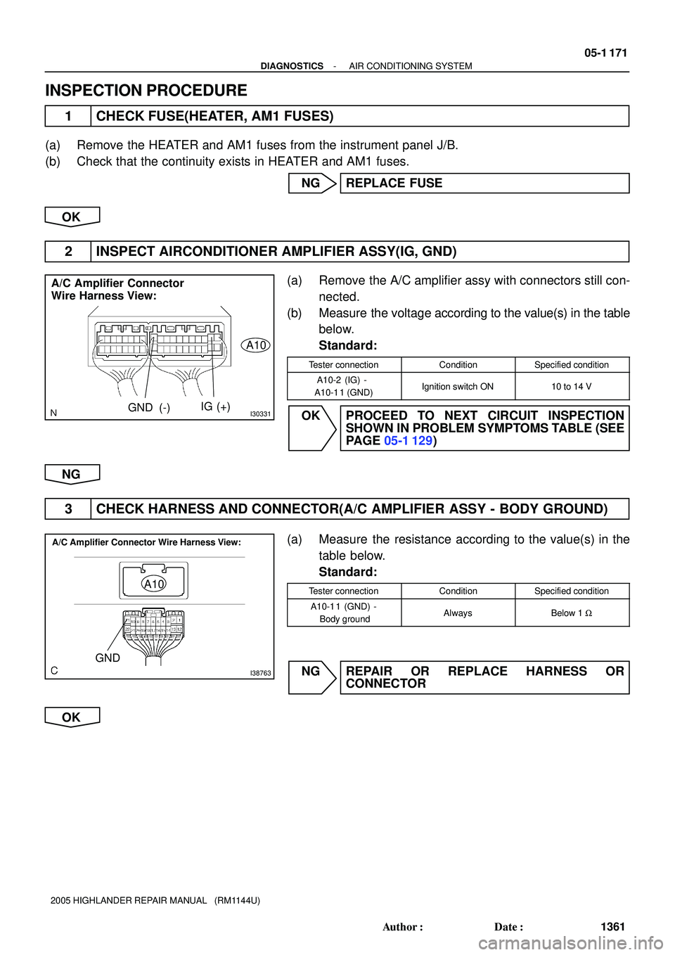 TOYOTA HIGHLANDER 2001  Service Repair Manual I30331GND (-)IG (+) A/C Amplifier Connector
Wire Harness View:
A10
I38763
GND
A/C Amplifier Connector Wire Harness View:
A10
- DIAGNOSTICSAIR CONDITIONING SYSTEM
05-1 171
1361 Author: Date:
2005 HIG