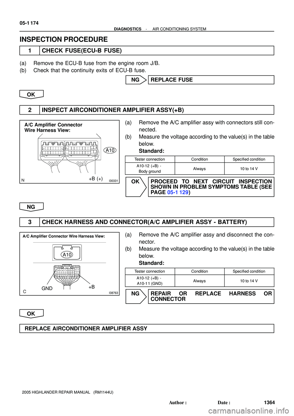 TOYOTA HIGHLANDER 2001  Service Repair Manual I30331+B (+)
A/C Amplifier Connector
Wire Harness View:
A10
I38763
A10
GND+B
A/C Amplifier Connector Wire Harness View:
05-1 174
- DIAGNOSTICSAIR CONDITIONING SYSTEM
1364 Author: Date:
2005 HIGHLAND