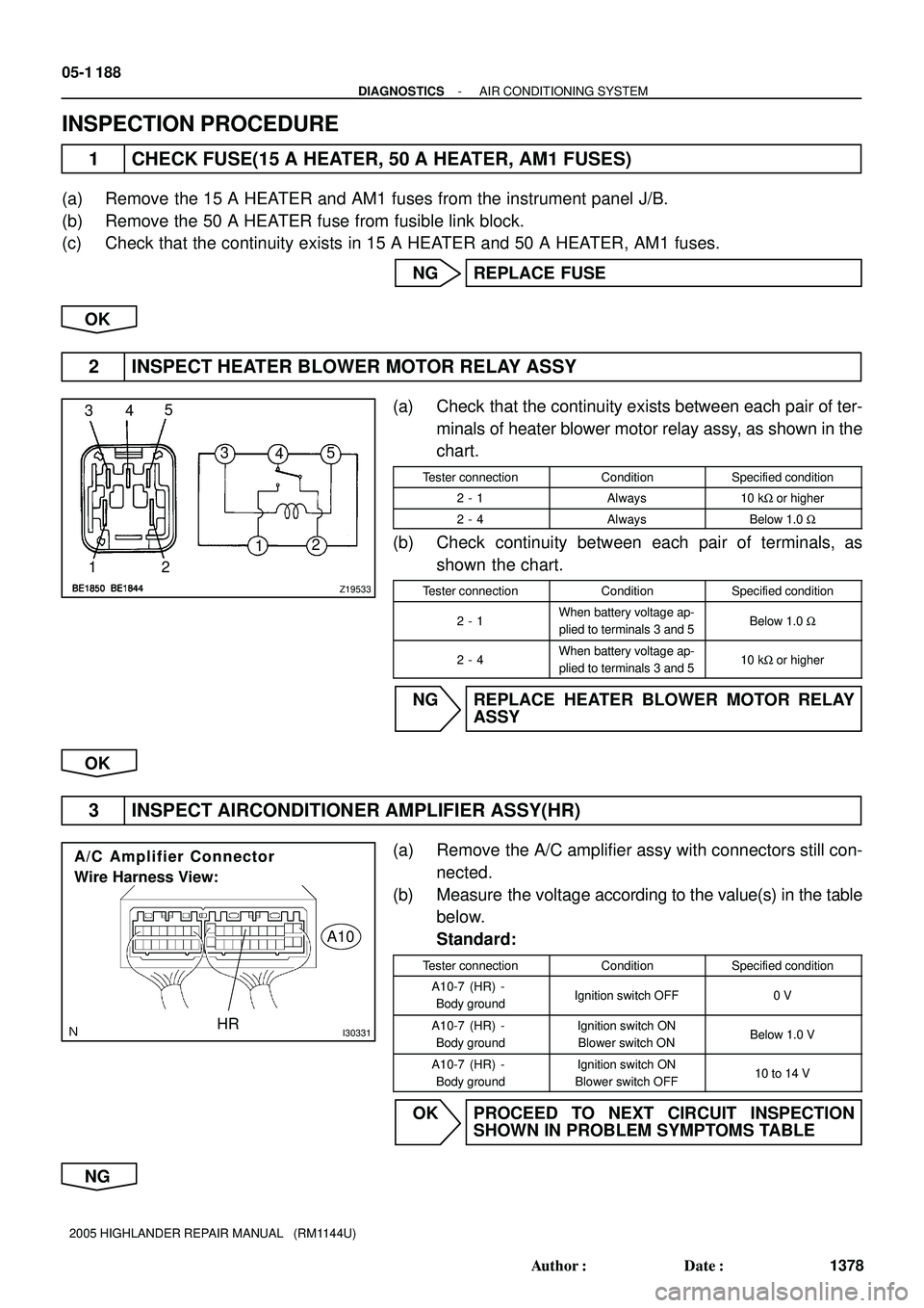 TOYOTA HIGHLANDER 2001  Service Repair Manual Z19533
5
4 3
12125
4 3
I30331HR
A/C Amplifier Connector
Wire Harness View:
A10
05-1 188
- DIAGNOSTICSAIR CONDITIONING SYSTEM
1378 Author: Date:
2005 HIGHLANDER REPAIR MANUAL   (RM1144U)
INSPECTION P