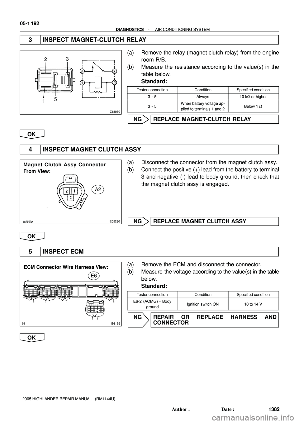 TOYOTA HIGHLANDER 2001  Service Repair Manual Z18060
5
13
2
23
15
le32E05280
Magnet Clutch Assy Connector
From View:
A2
I36159
ECM Connector Wire Harness View:
E6
05-1 192
- DIAGNOSTICSAIR CONDITIONING SYSTEM
1382 Author: Date:
2005 HIGHLANDER 