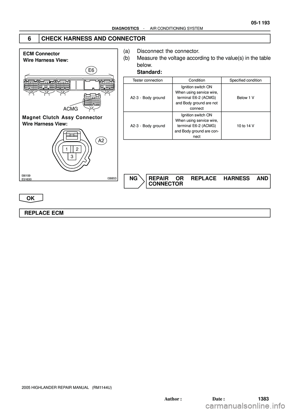 TOYOTA HIGHLANDER 2001  Service Repair Manual I36159E51630I38853
A2
Magnet Clutch Assy Connector
Wire Harness View:ECM Connector 
Wire Harness View:
E6
ACMG
- DIAGNOSTICSAIR CONDITIONING SYSTEM
05-1 193
1383 Author: Date:
2005 HIGHLANDER REPAIR