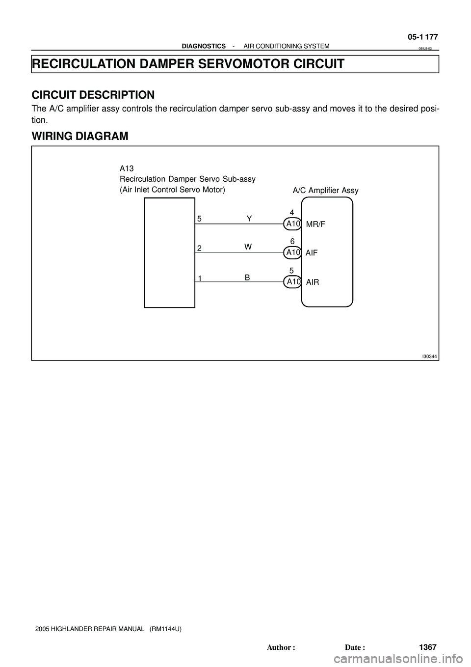 TOYOTA HIGHLANDER 2001  Service Repair Manual I30344
A/C Amplifier Assy A13
Recirculation Damper Servo Sub-assy
(Air Inlet Control Servo Motor)
Y
W
B4
6
5 5
2
1A10
A10
A10MR/F
AIF
AIR
- DIAGNOSTICSAIR CONDITIONING SYSTEM
05-1 177
1367 Author: Da