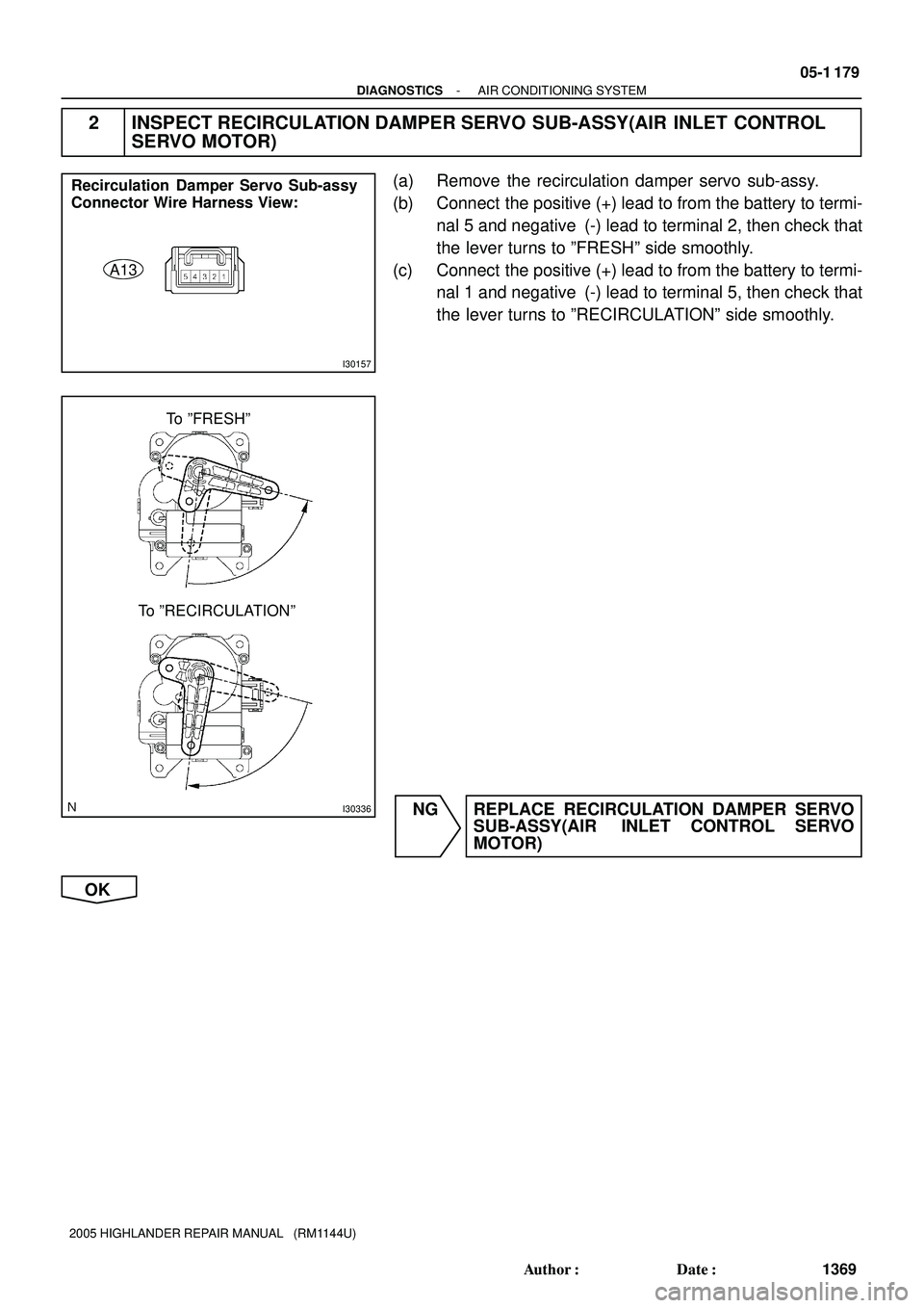 TOYOTA HIGHLANDER 2001  Service Repair Manual I30157
A13 Recirculation Damper Servo Sub-assy
Connector Wire Harness View:
I30336
To ºFRESHº
To ºRECIRCULATIONº
- DIAGNOSTICSAIR CONDITIONING SYSTEM
05-1 179
1369 Author: Date:
2005 HIGHLANDER 