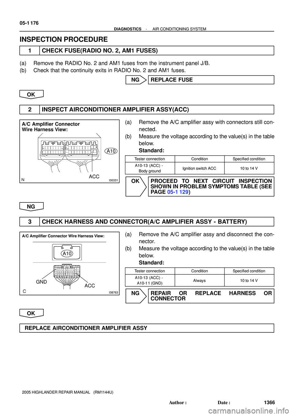 TOYOTA HIGHLANDER 2001  Service Repair Manual I30331ACC
A/C Amplifier Connector
Wire Harness View:
A10
I38763
A10
GND
ACC
A/C Amplifier Connector Wire Harness View:
05-1 176
- DIAGNOSTICSAIR CONDITIONING SYSTEM
1366 Author: Date:
2005 HIGHLANDE