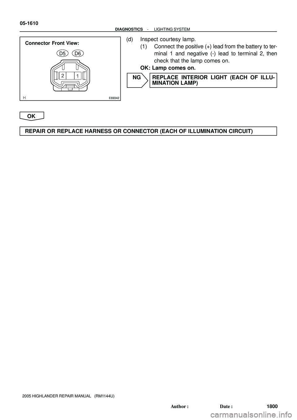 TOYOTA HIGHLANDER 2001  Service Repair Manual E69342
Connector Front View:
D5
D6
05-1610
- DIAGNOSTICSLIGHTING SYSTEM
1800 Author: Date:
2005 HIGHLANDER REPAIR MANUAL   (RM1144U)
(d) Inspect courtesy lamp.
(1) Connect  the positive (+) lead fro