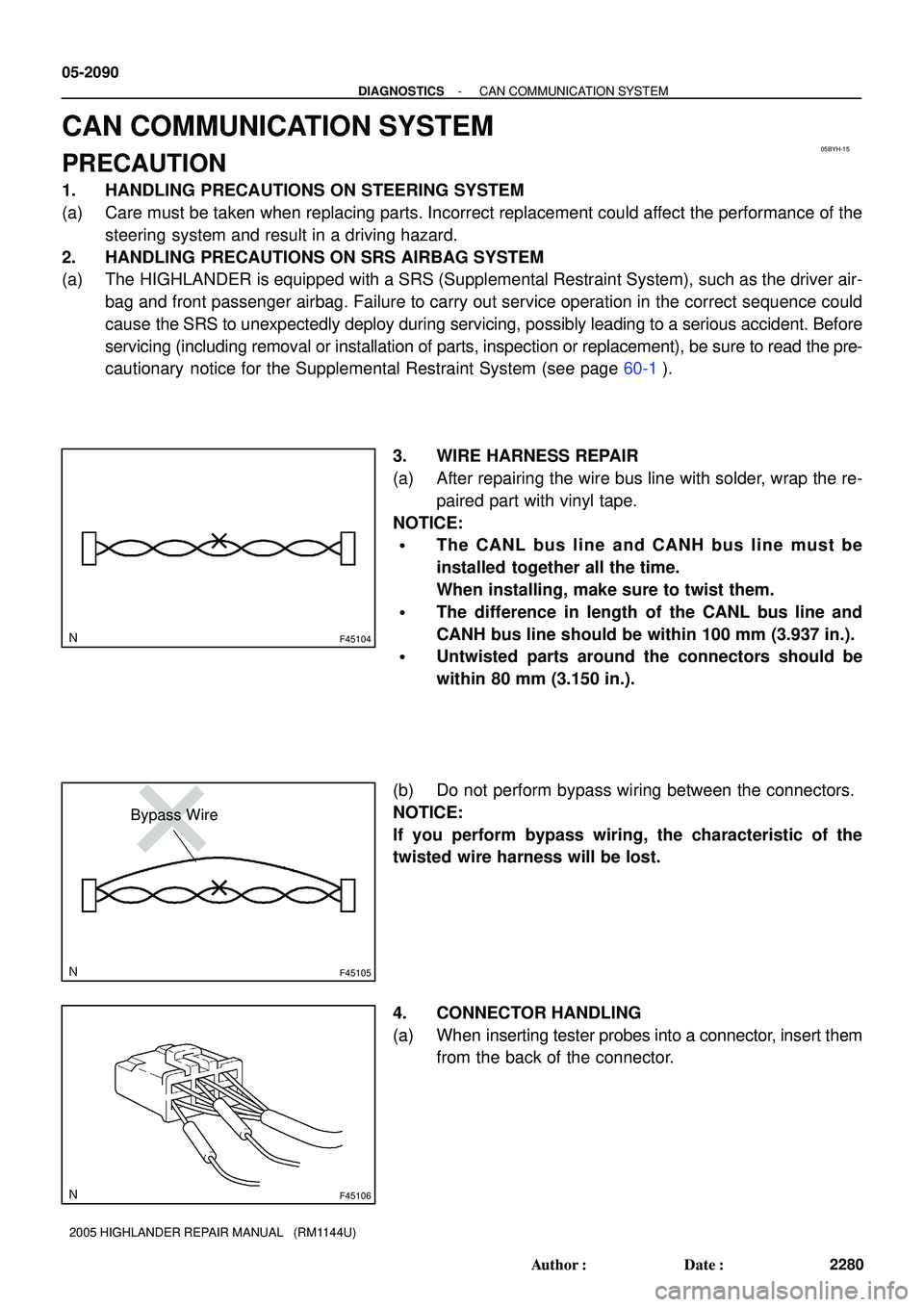 TOYOTA HIGHLANDER 2001  Service Repair Manual 05BYH-15
F45104
F45105
Bypass Wire
F45106
05-2090
- DIAGNOSTICSCAN COMMUNICATION SYSTEM
2280 Author: Date:
2005 HIGHLANDER REPAIR MANUAL   (RM1144U)
CAN COMMUNICATION SYSTEM
PRECAUTION
1. HANDLING P