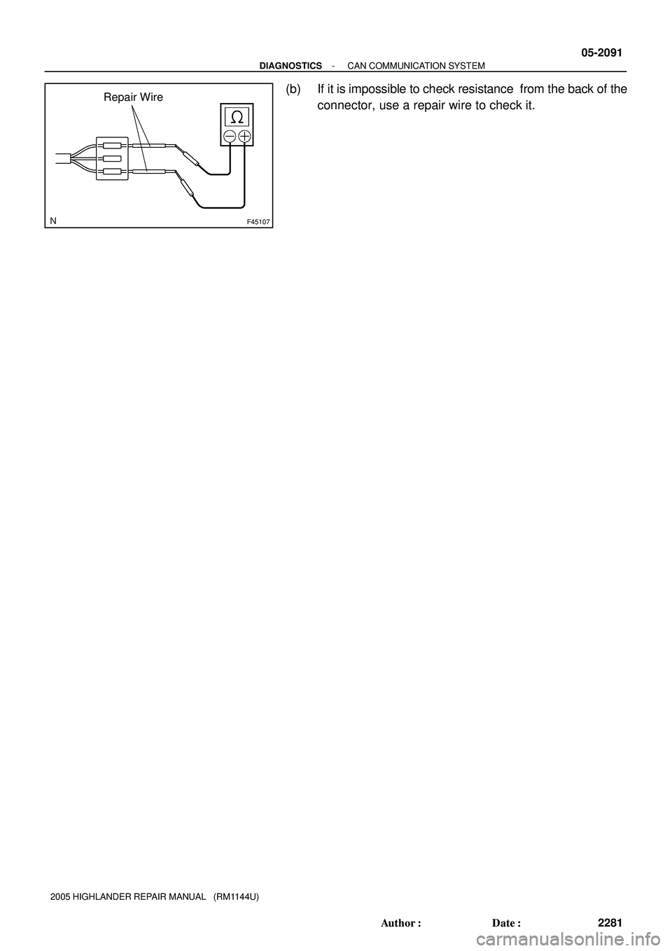 TOYOTA HIGHLANDER 2001  Service Repair Manual F45107
Repair Wire
- DIAGNOSTICSCAN COMMUNICATION SYSTEM
05-2091
2281 Author: Date:
2005 HIGHLANDER REPAIR MANUAL   (RM1144U)
(b) If it is impossible to check resistance  from the back of the
connec