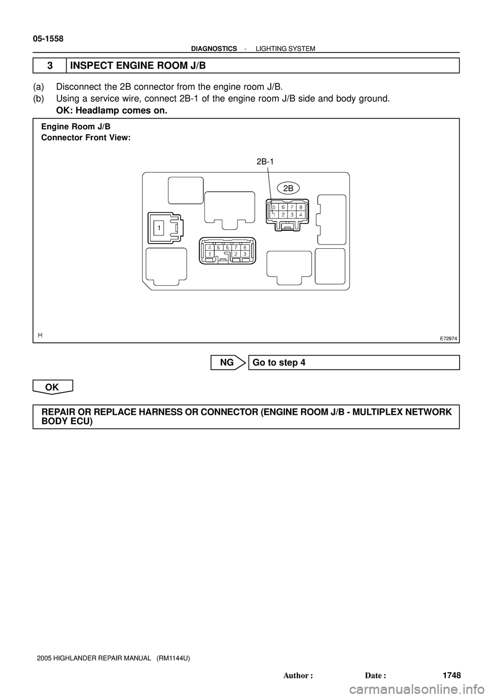 TOYOTA HIGHLANDER 2001  Service Repair Manual E72974
2B
2B-1 Engine  Room J/B 
Connector Front View:
05-1558
- DIAGNOSTICSLIGHTING SYSTEM
1748 Author: Date:
2005 HIGHLANDER REPAIR MANUAL   (RM1144U)
3 INSPECT ENGINE ROOM J/B
(a) Disconnect  the