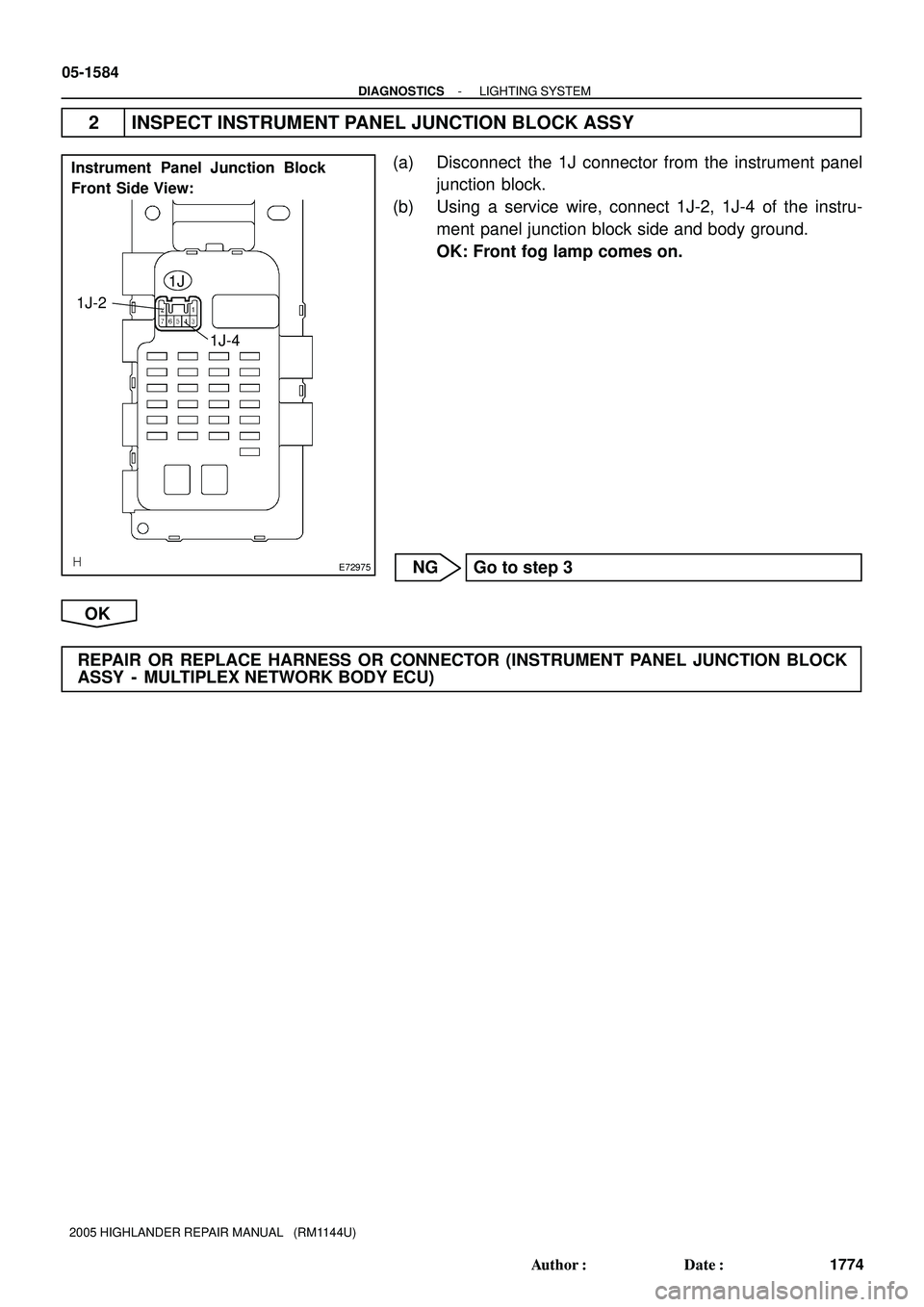 TOYOTA HIGHLANDER 2001  Service Repair Manual E72975
Instrument Panel Junction Block
Front Side View:
1J
1J-4 1J-2
05-1584
- DIAGNOSTICSLIGHTING SYSTEM
1774 Author: Date:
2005 HIGHLANDER REPAIR MANUAL   (RM1144U)
2 INSPECT INSTRUMENT PANEL JUNC