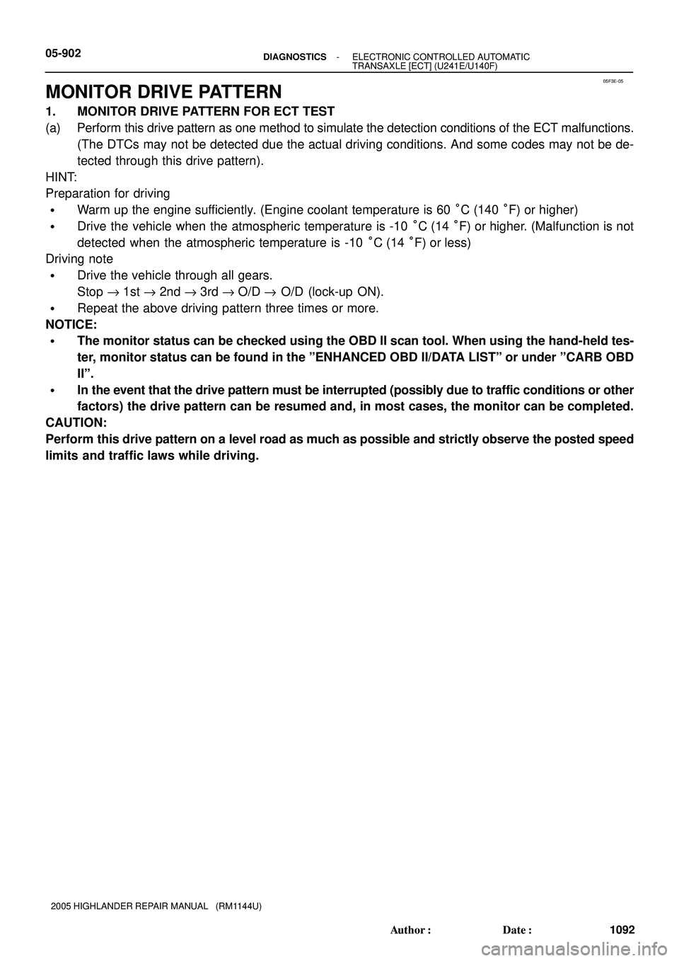 TOYOTA HIGHLANDER 2001  Service Repair Manual 05F3E-05
05-902- DIAGNOSTICSELECTRONIC CONTROLLED AUTOMATIC
TRANSAXLE [ECT] (U241E/U140F)
1092 Author: Date:
2005 HIGHLANDER REPAIR MANUAL   (RM1144U)
MONITOR DRIVE PATTERN
1. MONITOR DRIVE PATTERN 