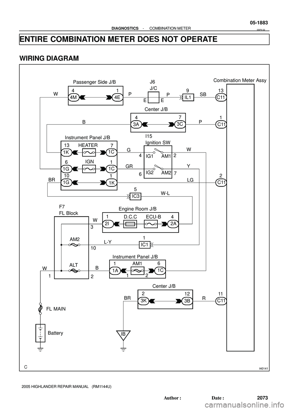 TOYOTA HIGHLANDER 2001  Service Repair Manual I40141
W
4M4
4E1
P
P
P EEC1113
IL19
SB J6
J/C
C111
C112
C1111
3B12
3K2
BR
R
IB Battery FL MAINCenter J/B Instrument Panel J/BEngine Room J/B Instrument Panel J/B
1C6
1A1
12AM1 2I1
4
2A
IC11 D.C.C ECU-