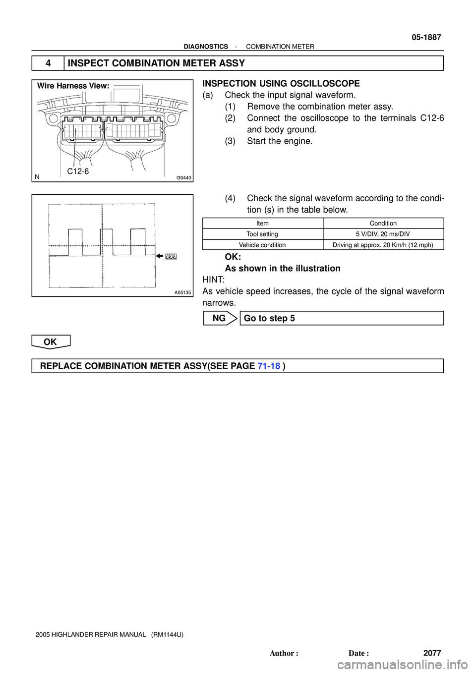TOYOTA HIGHLANDER 2001  Service Repair Manual I30440
Wire Harness View:
C12-6
A05135
- DIAGNOSTICSCOMBINATION METER
05-1887
2077 Author: Date:
2005 HIGHLANDER REPAIR MANUAL   (RM1144U)
4 INSPECT COMBINATION METER ASSY
INSPECTION USING OSCILLOSC