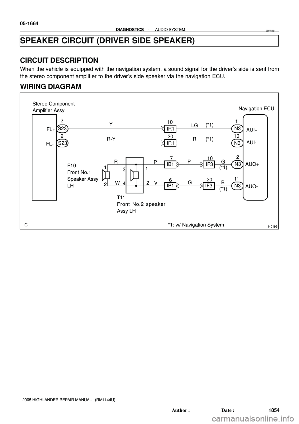 TOYOTA HIGHLANDER 2001  Service Repair Manual I40199
FL+ Stereo Component 
Amplifier AssyNavigation ECU
T11
Front No.2 speaker
Assy LH FL-S23
S239 2
Y
R-Y10
IR1
IR1
7
IB1
IB16 F10
Front No.1
Speaker Assy 
LHP
VP
GIF3
IF310
20G
BN3
N32
11AUI+
AUI-