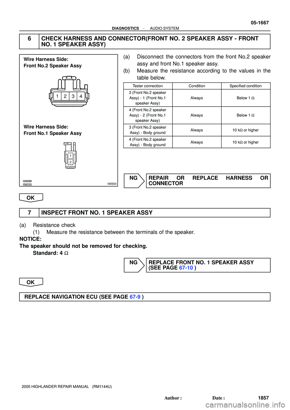 TOYOTA HIGHLANDER 2001  Service Repair Manual I38999I38233I40554
Wire Harness Side:
Front No.1 Speaker Assy Wire Harness Side:
Front No.2 Speaker Assy
- DIAGNOSTICSAUDIO SYSTEM
05-1667
1857 Author: Date:
2005 HIGHLANDER REPAIR MANUAL   (RM1144U
