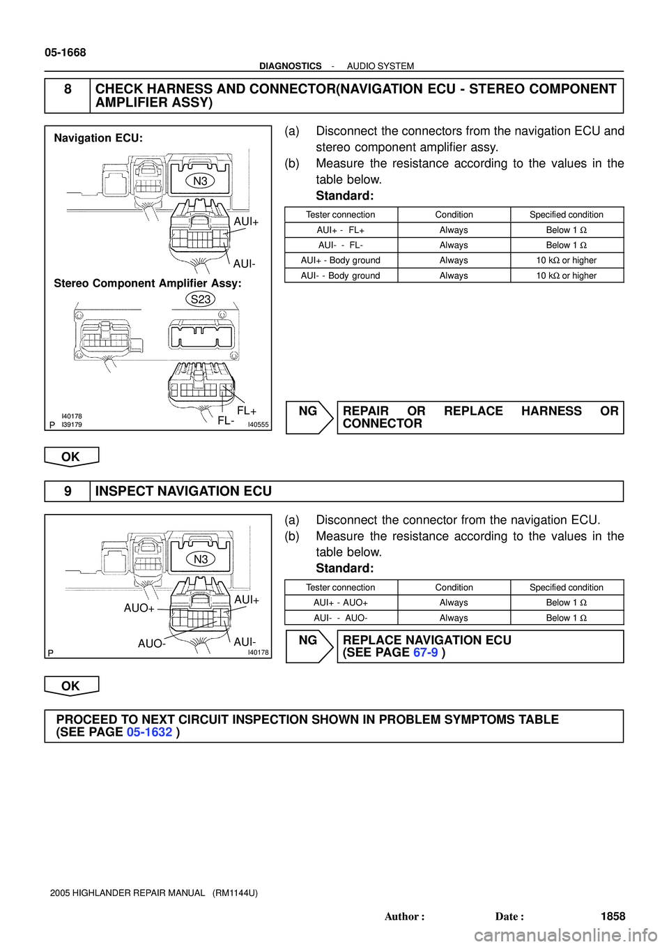 TOYOTA HIGHLANDER 2001  Service Repair Manual I40178I39179I40555
Navigation ECU:
Stereo Component Amplifier Assy:N3
AUI+
AUI-
S23
FL+
FL-
I40178
N3
AUI+
AUI-AUO+
AUO-
05-1668
- DIAGNOSTICSAUDIO SYSTEM
1858 Author: Date:
2005 HIGHLANDER REPAIR M