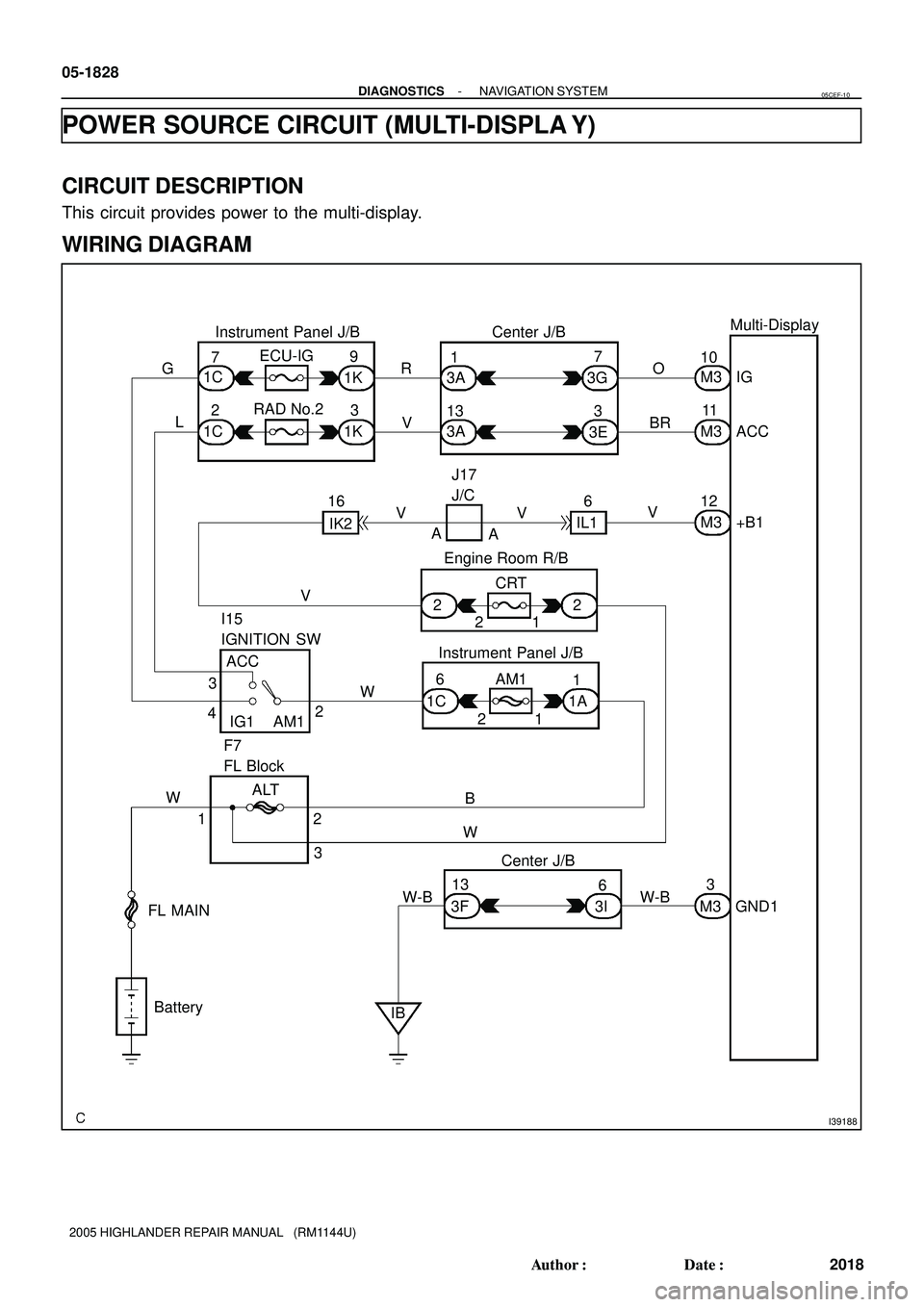 TOYOTA HIGHLANDER 2001  Service Repair Manual I39188
Multi-Display
Center J/B Instrument Panel J/B
Engine Room R/B
Instrument Panel J/B I15
IGNITION SW
F7
FL Block
Center J/BIG
ACC
+B1
GND1
Battery FL MAINALTRAD No.2ECU-IG
W-B W-B
IB W
WB IG1 AM1