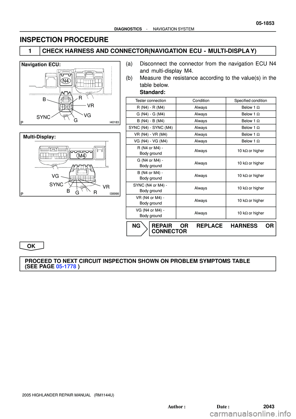 TOYOTA HIGHLANDER 2001  Service Repair Manual I40183
Navigation ECU:
N4
BR
VR
VG
G SYNC
I38998R
M4 Multi-Display:
SYNC
G BVR VG
- DIAGNOSTICSNAVIGATION SYSTEM
05-1853
2043 Author: Date:
2005 HIGHLANDER REPAIR MANUAL   (RM1144U)
INSPECTION PROCE